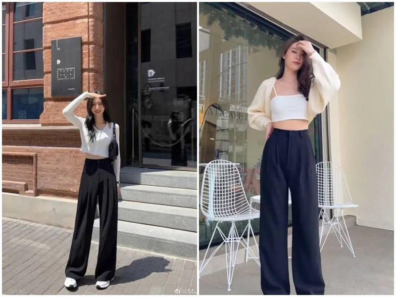 alt: Cô gái mặc áo crop top đen với quần âu trắng cạp cao, tạo vẻ ngoài thanh lịch