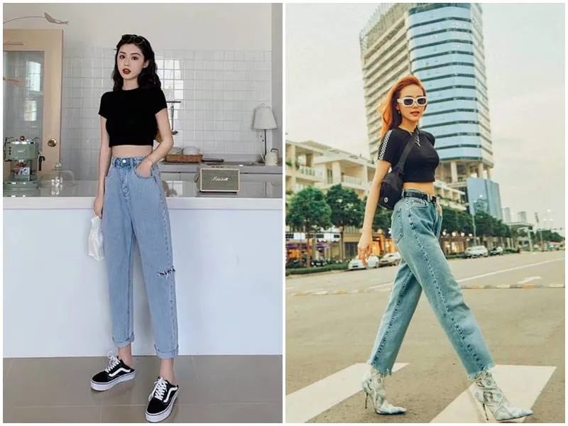 alt: Cô gái mặc áo crop top đen với quần jean xanh cạp cao, tạo vẻ ngoài năng động