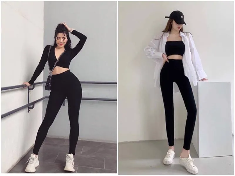 alt: Cô gái mặc áo crop top đen với quần legging đen cạp cao, tạo vẻ ngoài quyến rũ