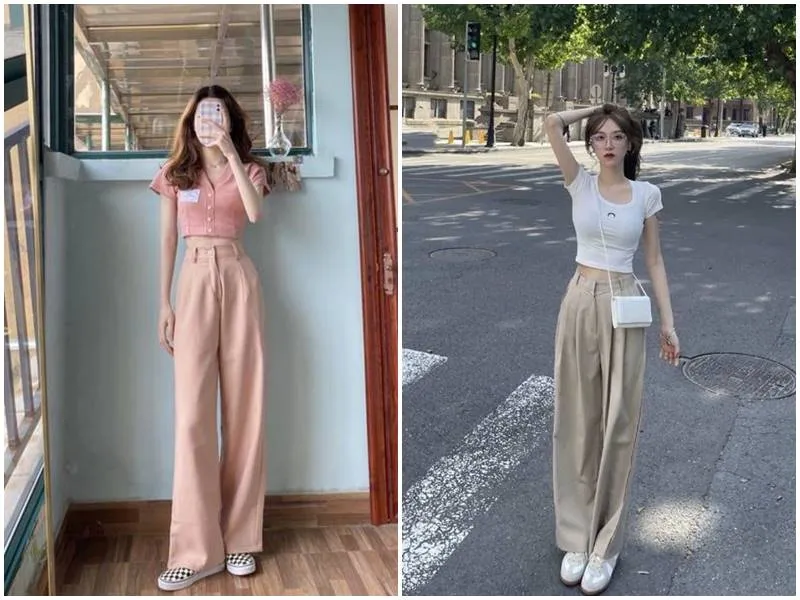 alt: Cô gái mặc áo crop top trắng với quần âu đen cạp cao, kết hợp túi xách thời trang