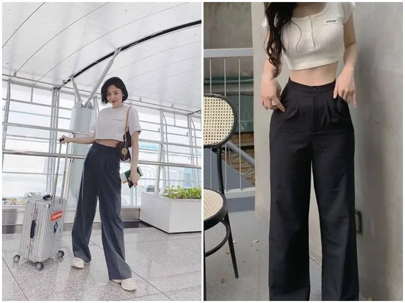 alt: Cô gái mặc áo crop top trắng với quần ống rộng màu be cạp cao, tạo vẻ ngoài phóng khoáng