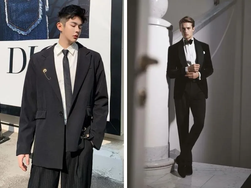 Áo blazer đen phối với áo sơ mi lịch lãm