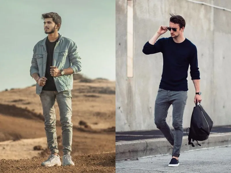 Bạn có thể phối quần jeans xám nam với áo có màu xám để tạo nên những outfit ton sur tone tinh tế.