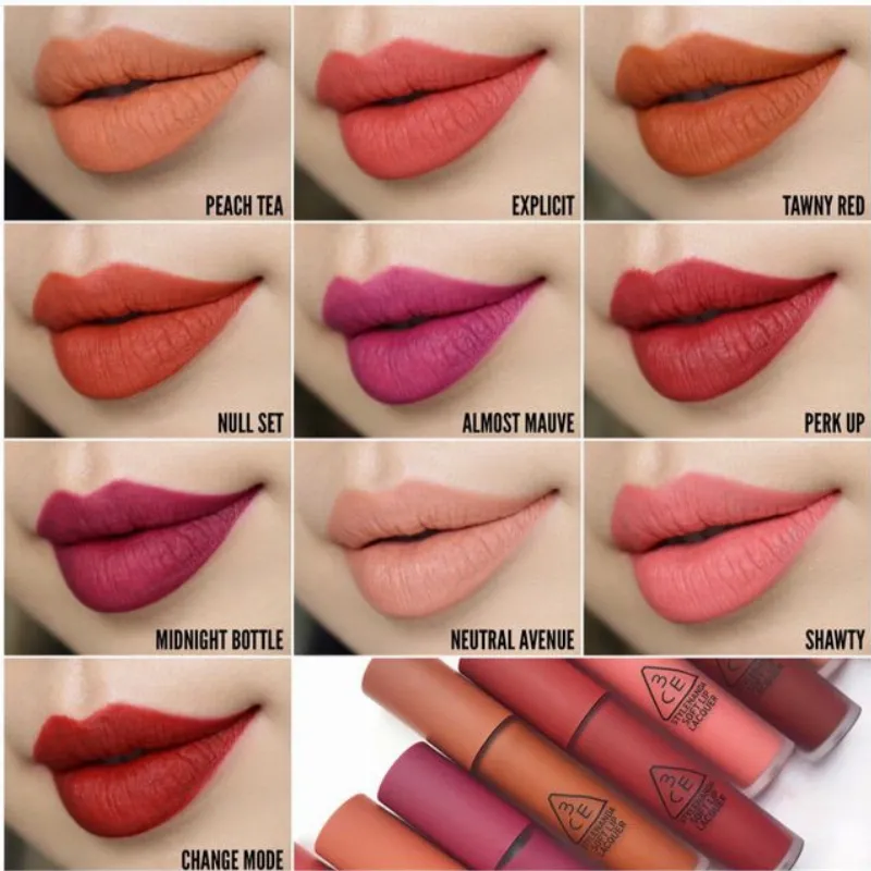 Bảng màu đầy đủ của dòng son 3CE Soft Lip Lacquer