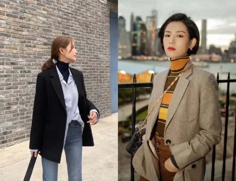 Kiểu phối áo len cổ lọ cùng với áo khoác blazer tạo phong cách đứng đắn cho các nàng