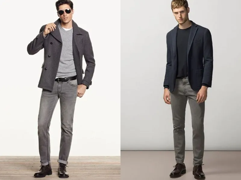 Mặc quần jeans xám nam với áo vest và áo blazer sẽ giúp các chàng trai trông lịch lãm và sang chảnh hơn. 