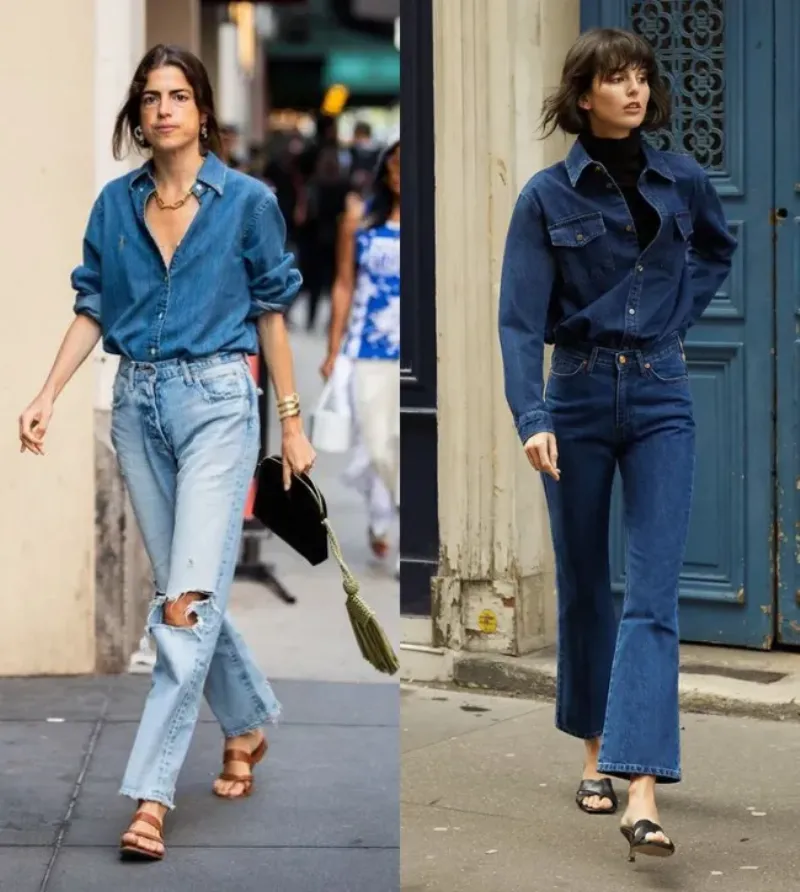 Một gợi ý khác là bạn có thể mang giày hở mũi cùng sơ mi denim và quần ống loe 