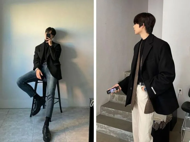 Phối blazer đen và áo thun trơn basic 