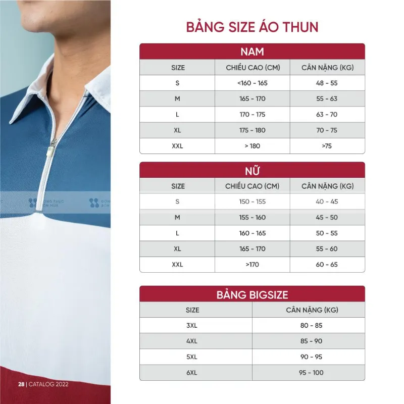 Bảng size áo thun học lớp