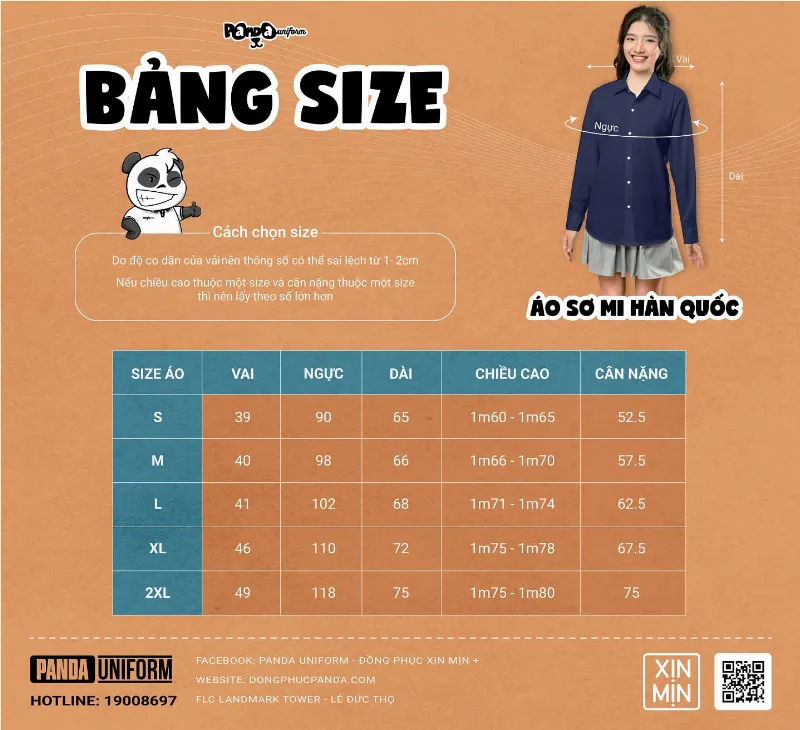 Bảng size mẫu áo sơ mi Hàn Quốc tại đồng phục Panda